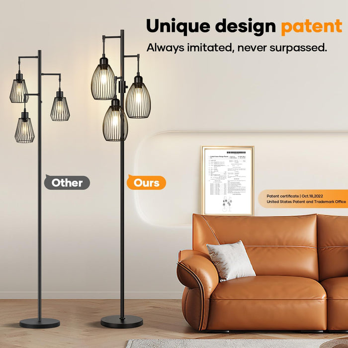 Dimmable Floor Lamp, 3 X 800LM LED Edison Bulbs Included, Farmhouse Industrial Floor Lamp Standing Tree Lamp with Elegant Teardrop Cage Tall Lamps for Living Room Bedroom Office Dining Room-Black