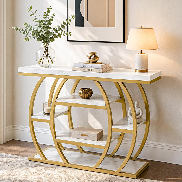 Modern Console Table, 41.3" Narrow Entryway Table with Storage Shelves & Faux Marble Top, 5-Tier Sofa Tables behind Couch with Arched Metal Frame for Living Room, Hallway (Gold & White)
