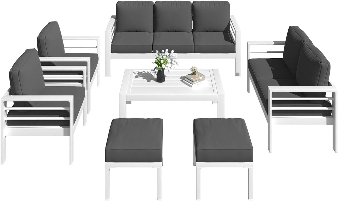 Aluminum Patio Furniture Set, Modern Outdoor Patio Furniture with Coffee Table, 7 Pieces Outdoor Conversation Set with Dark Gray Cushions for Balcony, Porch, Lawn and Yard