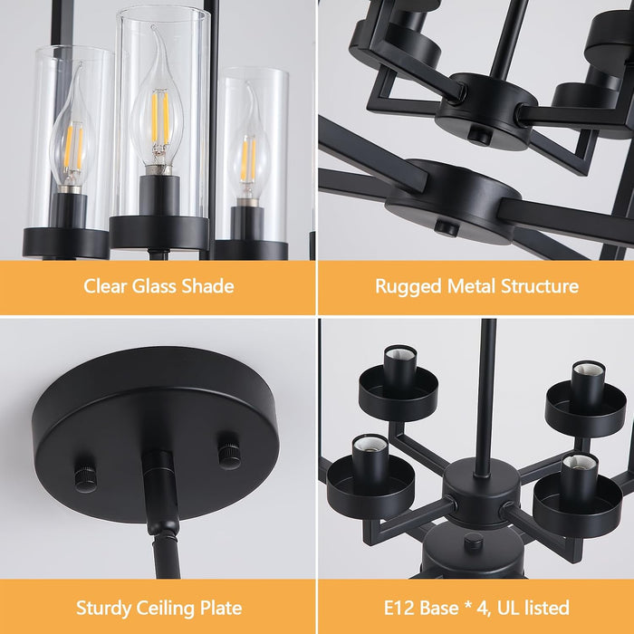 Black Chandeliers for Dining Room, 4-Light Entryway Chandelier for Foyer, 15.7" Hanging Kitchen Light Fixtures Geometric Modern Farmhouse Chandelier for Entryway Hallway Living Room Stairway