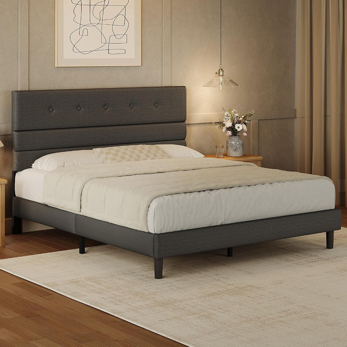Queen Size Bed Frame with Linen Fabric Headboard, Adjustable Height Upholstered Platform Bed Frame with Wooden Slats, Easy Assembly, Black