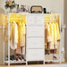 49.2“W Dresser with 2 Hanging Racks, 5 Drawers Dresser with LED Lights & Charging Station, Dressers TV Stand with Clothes Rack, Shoe Racks and Side Hooks, Chest of Drawers for Bedroom, White
