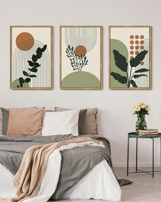 Boho Plant Wall Art Green Botanical Bohemain Framed Wall Printing 24X36In Abstract Canvas Prints with Leaf & Sun Lines Bedroom Living Room Decor - Natural Framed