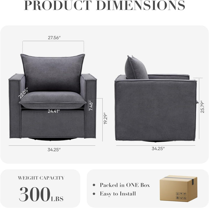 Swivel Accent Chair Set of 2, 34 Inches Wide Upholstered Arm Chair with Plump Back Pillow, Modern Sofa Living Room Chair for Bedroom, Corner, Reading Nook-Grey