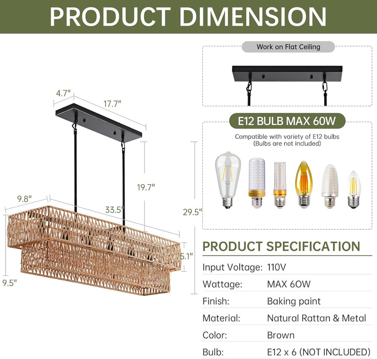 Six Light Boho Rattan Rectangular Pendant Chandelier
