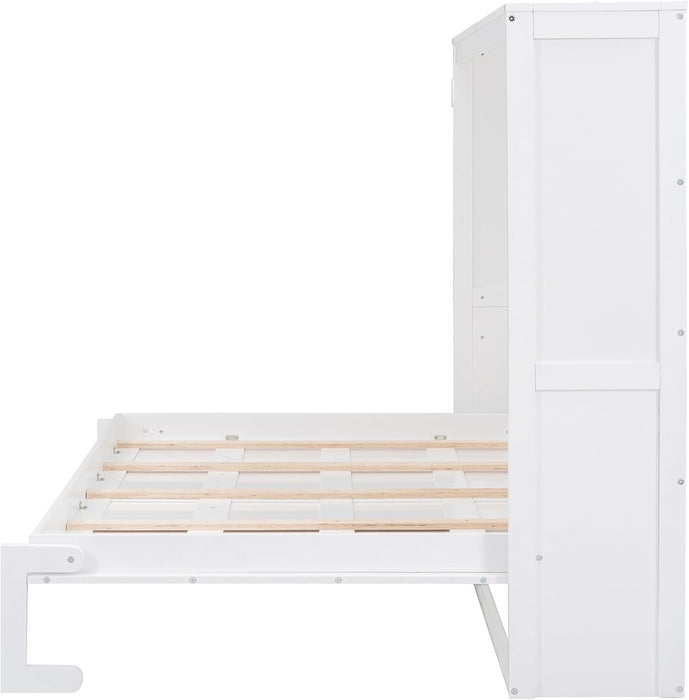 Full Size Murphy Bed, Wood Hidden Foldable Wall Bed Frame W/Gas Struts, Storage Bed Cabinet for Bedroom, Office, Space-Saving, No Box Spring Needed, White