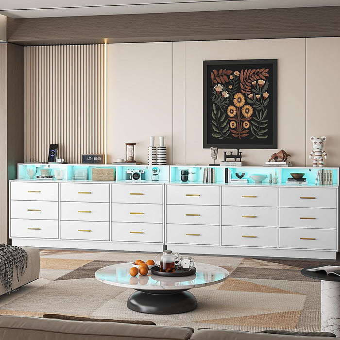 White 9 Drawer Dressers for Bedroom, Modern Large Dresser with LED Light and Power Outlet, Wooden Long Dresser for Bedroom, Entryway, Hallway