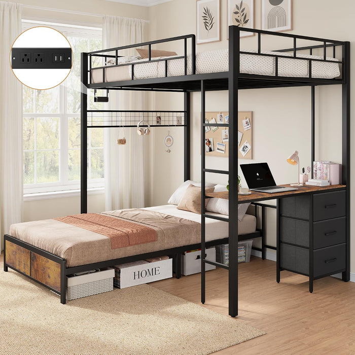VintageBrown Twin Over Twin Loft BunkBed DeskCharging