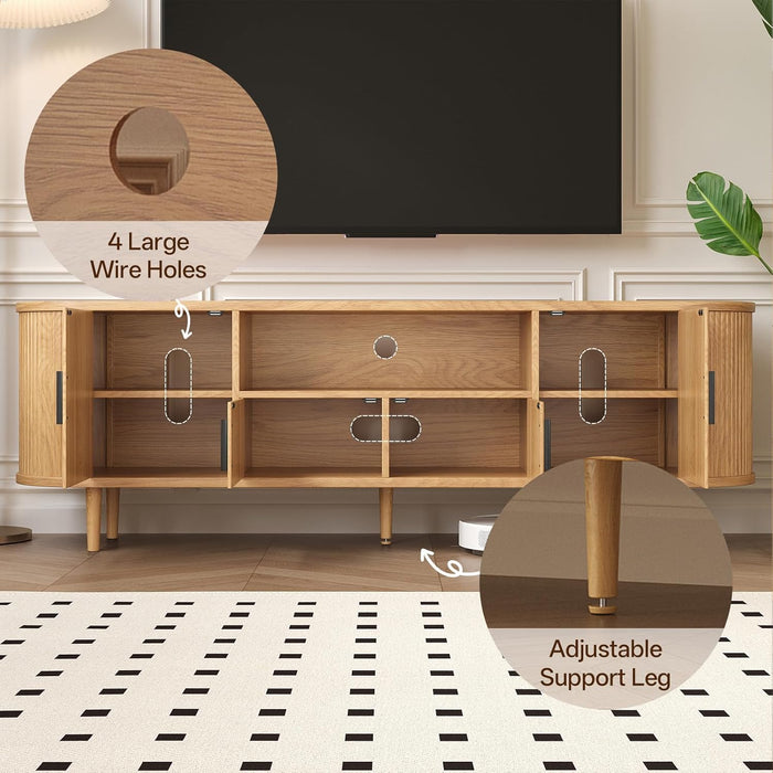 70" Fluted TV Stand, Mid Century Modern TV Stand for Tvs up to 80", Entertainment Center with Storage, Adjustable Shelves, Wood Media Console for Living Room, Bedroom, Natural