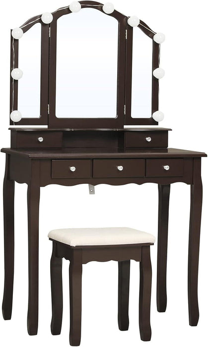 Vanity Desk, Makeup Vanity Set with Lighted Mirror and Stool, Dressing Table with 5 Drawers, 3 Light Settings & Adjustable Brightness, Espresso