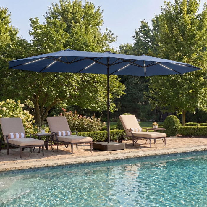 15FT Patio Umbrella with Solar Light Bar, Large Double-Sided Outdoor Table Umbrella with Base, Crank, Steel Ribs and Pole for Patio, Beach Sun Umbrellas for Backyard, Poolside, Navy Blue