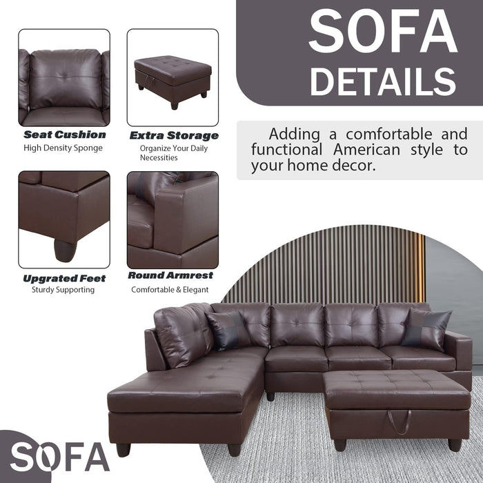 Ponliving Furniture Modern L-Shaped Leather Sectional Sofa Left Hand Facing (Brown)