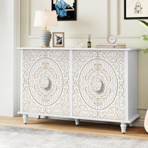 Sideboard Buffet Cabinet with Storage,48" Vintage Decorative Accent Cabinet with Carved Flower Pattern,Wood Credenza with 4 Doors for Living Room, Hallway, Dining Room, Kitchen - White