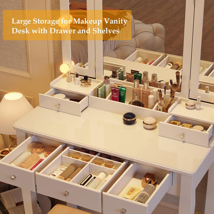 White Cosmetic Vanity Desk With Illuminated Mirror