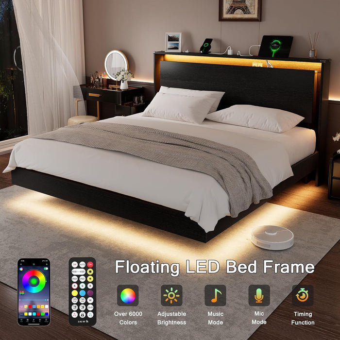King Size Bed Frame with LED Lights & Charging Station – Wood Floating Bed Frame with Storage Headboard, Adhesive Slats, Kick-Free & Noise-Free Design, Easy Assembly, Black
