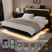 King Size Bed Frame with LED Lights & Charging Station – Wood Floating Bed Frame with Storage Headboard, Adhesive Slats, Kick-Free & Noise-Free Design, Easy Assembly, Black