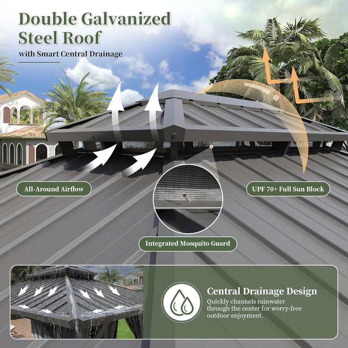 14'X10' Hardtop Gazebo with 4 LED Lights, Outdoor Gazebo with Galvanized Steel Double Roof, Patio Gazebo with Breathable Netting & Privacy Curtain, Decor Hooks for Backyard, Gray