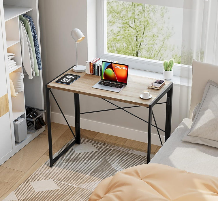 Small Folding Desk 31.5 Inch No Assembly Required Computer Desks, Spaces Saving Foldable Table for Bedroom, Home Office, Dorm, Apartment, Kids, Beech