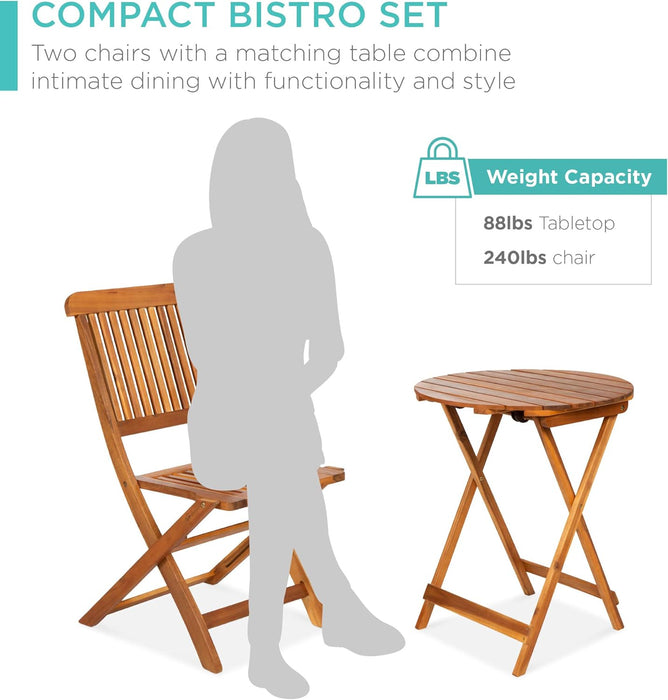3-Piece Acacia Wood Bistro Set, Folding Patio Furniture for Backyard, Balcony, Deck W/ 2 Chairs, round Coffee Table, Teak Finish - Natural