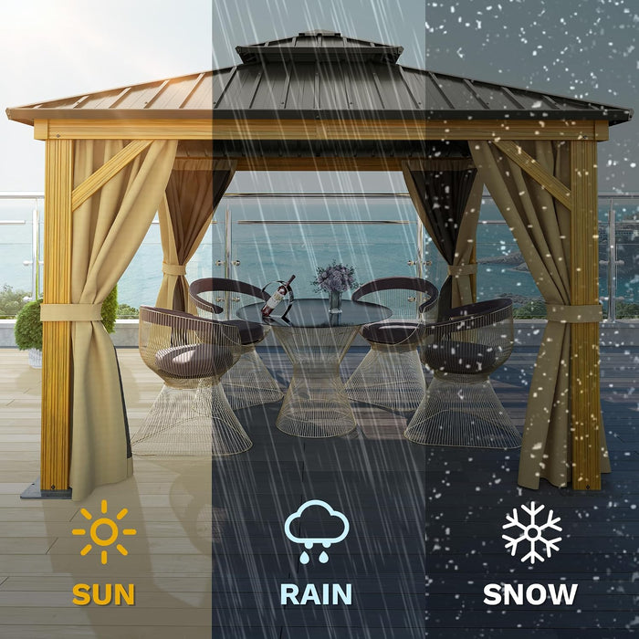 10X10Ft Gazebo, Wood Grain Aluminum Hardtop Gazebo, Heavy Duty Double Roof Galvanized Steel with Nettings and Curtains for Patio, Backyard, Deck, Lawns, Brown