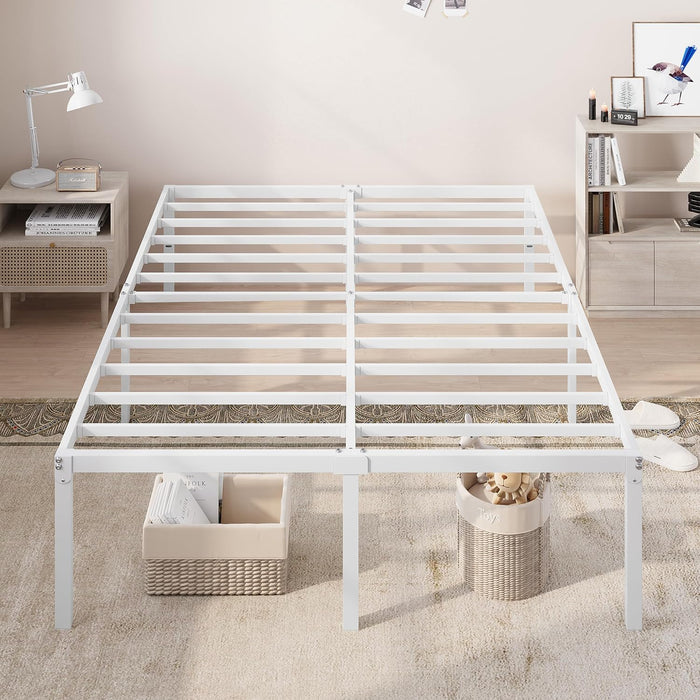 Full Size Bed Frame, 18 Inch Metal Beds with Storage Space, White