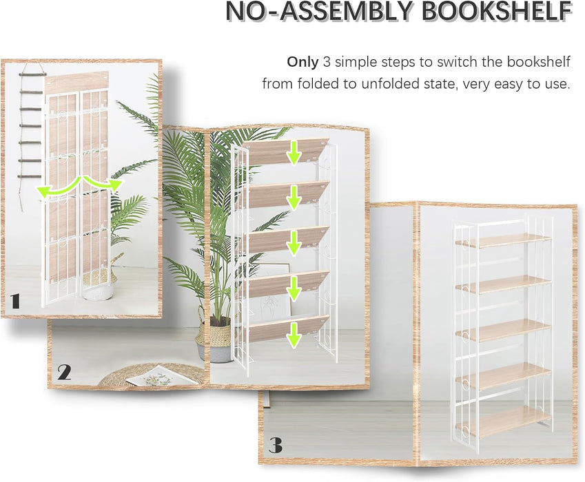 No Assembly 5 Tiers Folding Bookshelf, 59.4" H Foldable Storage Shelves Vintage Bookcase Standing Racks Study Organizer Home Office - Natural White