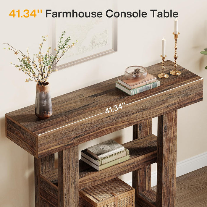 41.34-Inch Farmhouse Console Table, 2-Tier Narrow Sofa Table behind the Couch, Entryway Furniture with Storage Shelves for Hallway Foyer Living Room, Rustic Brown