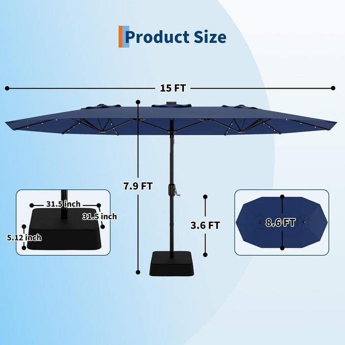 15FT Rectangular Outdoor Umbrella Patio Umbrella with Solar Lights & Base Included Large Market Umbrellas with Crank Handle UV Protection Table Umbrellas for Outdoor, Backyard, Deck, Navy Blue