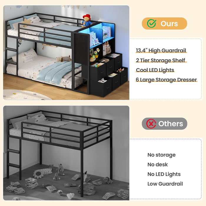 Twin Over Twin BlackPowderCoated Bunk Bed LEDLights