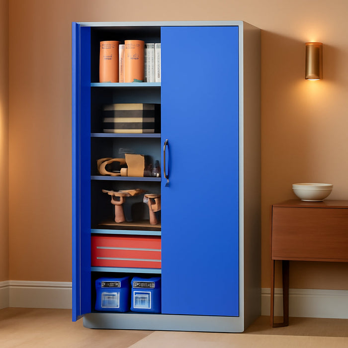 Metal Garage Storage Cabinet with Lock, 71" Steel Lockable File Cabinet, Locking Steel Storage Cabinet with 5 Adjustable Shelves for Home, Office, Garage, Warehouse (Blue Grey, 2 Door - 71" H)