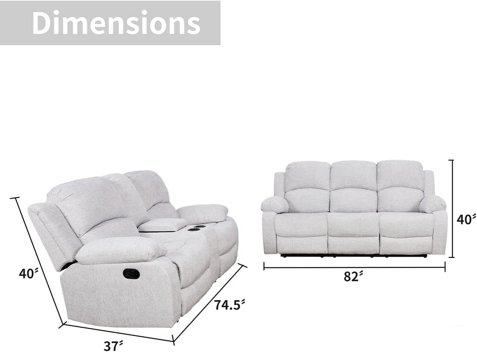 Recliner Sofa Set for Living Room Furniture Set, Reclining Sofa and Loveseat Set for Reclinier Sofa with Drop down Table/Double Recliner Loveseat with Storage Console/Grey Linen