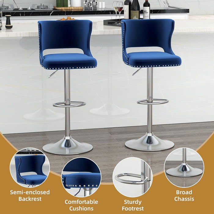 Bar Stools Set of 4, Velvet Swivel Adjustable Barstools with Hollow Back, Rivet Trim and Stable Chrome Base, Upholstered Counter Height Bar Stools for Kitchen Island, Blue