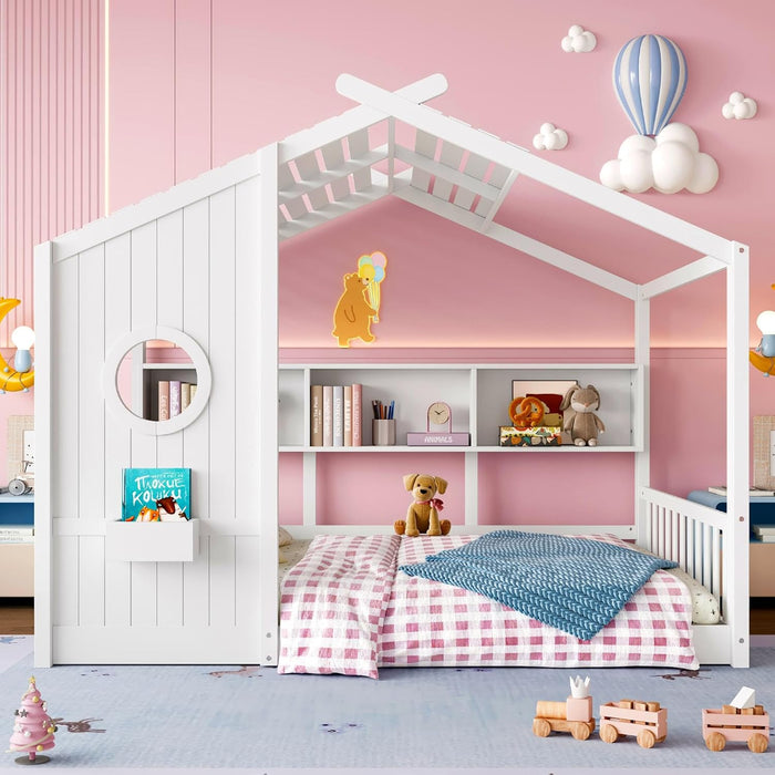 Full Size White PlayhouseStorage Bed Enclosed Roof