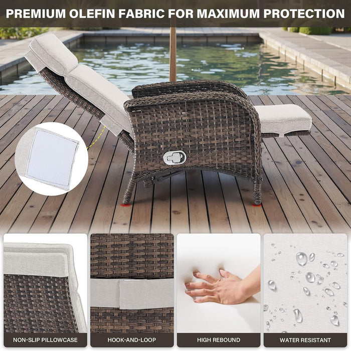 Versatile Outdoor Recliner Chair - Reclining Patio Chair with Adjustable Backrest and Footrest, All-Weather Wicker Chaise Lounge Chair Outdoor for Pool Deck Brown Beige