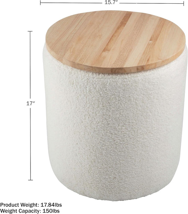 Storage Ottoman - Teddy Fabric Upholstered Ottoman with Wood Top for Living Room, Dorm, or Apartment - Ottomans with Storage (Cream)