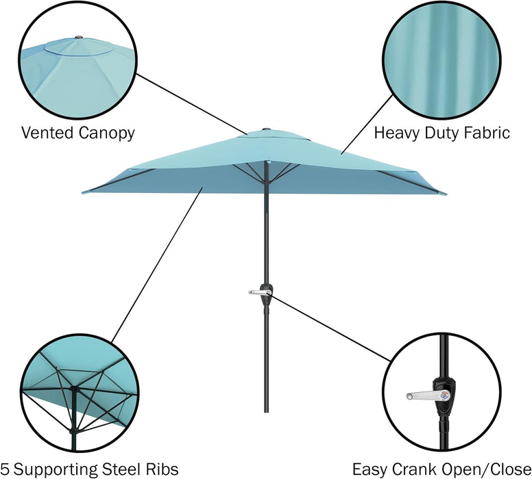 Half Umbrella Outdoor Patio Shade - 9 Ft Patio Umbrella with Easy Crank - Small Canopy for Balcony, Table, or Deck (Brilliant Blue)