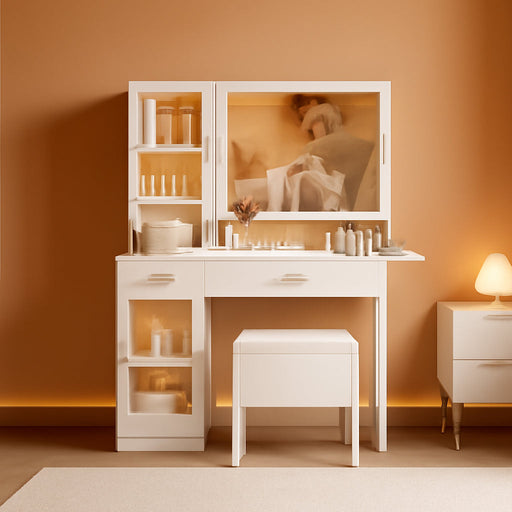 Makeup Vanity with LED Lighted Mirror & Built-In Power Socket, Dressing Table with Single Cabinet & 2 Storage Drawers, Bedroom Vanity Desk Station with Matching Stool (052 White)
