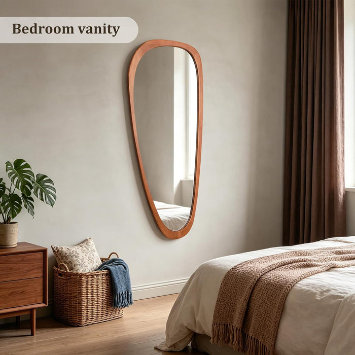 48" H X 22" W Asymmetrical Mirror, Irregular Wooden Wall Mirror Full Length, for Bedroom, Living Room,Entryway– Boho Mid-Century Modern Decorative Mirror, Solid Wood Frame(Walnut)
