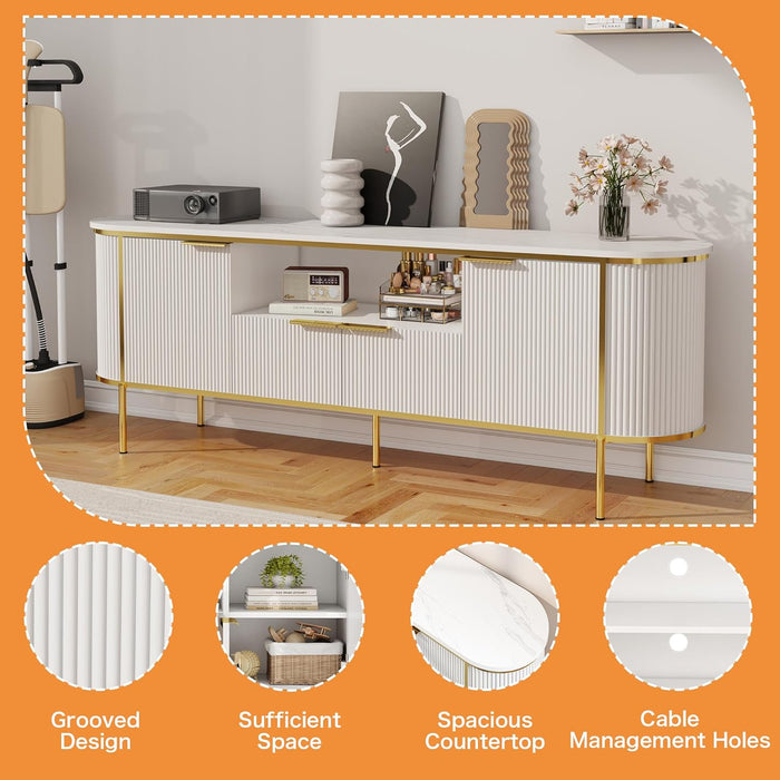 White Tv Stands for Living Room: 70" Tv Console Table with Storage, Modern Entertainment Center with Doors, Fluted Media Console Cabinet with Metal Legs (White, 70 Inch TV Stand)