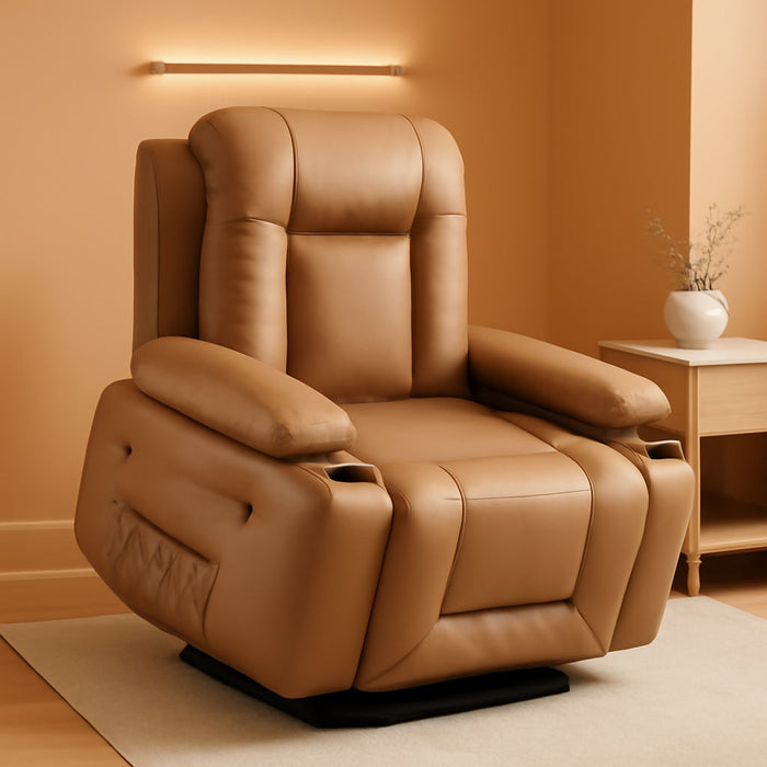 Power Lift Recliner Chair PU Leather with Massage for Elderly Ergonomic Lounge Chair Classic Single Sofa with 2 Cup Holders Side Pocket (Earthy Yellow, 22" Seat Width + Cup Holder)