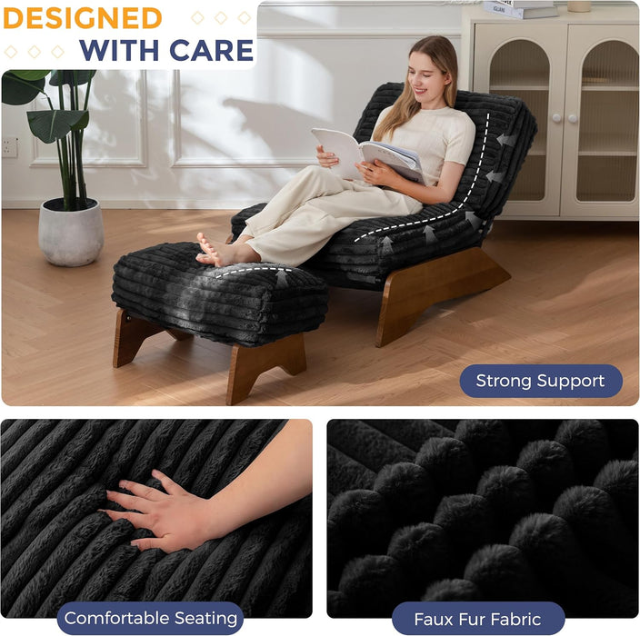 Modern Adjustable Accent Chair with Ottoman, Upholstered Living Room Chair with Footrest Set, Soft Reclining Lounge for Bedroom, Apartment, Office, Black