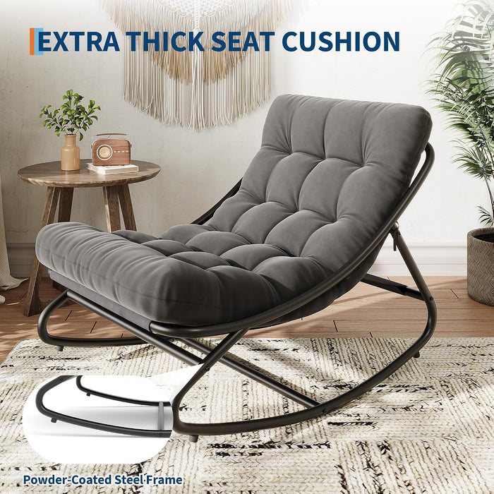 Outdoor Rocking Chair with Metal Frame, Adjustable Papasan Rocker, Waterproof Comfy Cushion, 450Lbs Capacity, for Patio, Porch, Garden, Living Room, Dark Grey