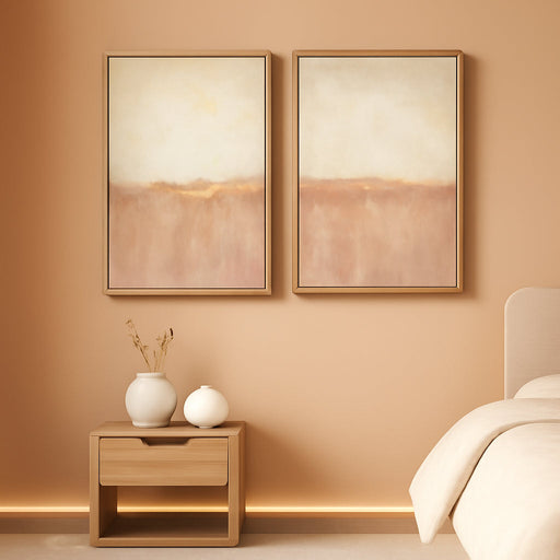 Framed Canvas Print Wall Art Set Watercolor Pastel Duotone Red Landscape Shapes Illustrations Modern Art Decorative for Living Room, Bedroom, Office - 24"X36"X2 Natural