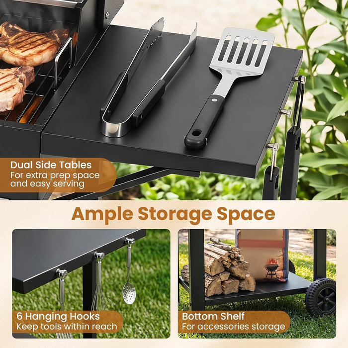Charcoal Grill with 2 Side Tables, 284 Sq.In. Outdoor Smoker BBQ Grill with Thermometer, Bottle Opener & Wheels, Mobile Cooking Grill for Camping Picnic Party, Black