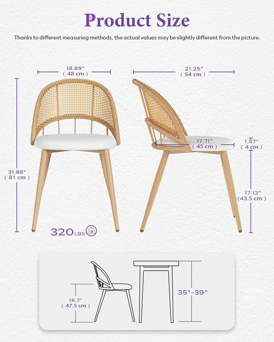 Rattan Dinner Chairs Set of 4 with Faux Leather Cushion, Modern Dining Room Chairs W/Adjustable Foot Pads, Kitchen Boho Chairs Mid Century Upholstered, White