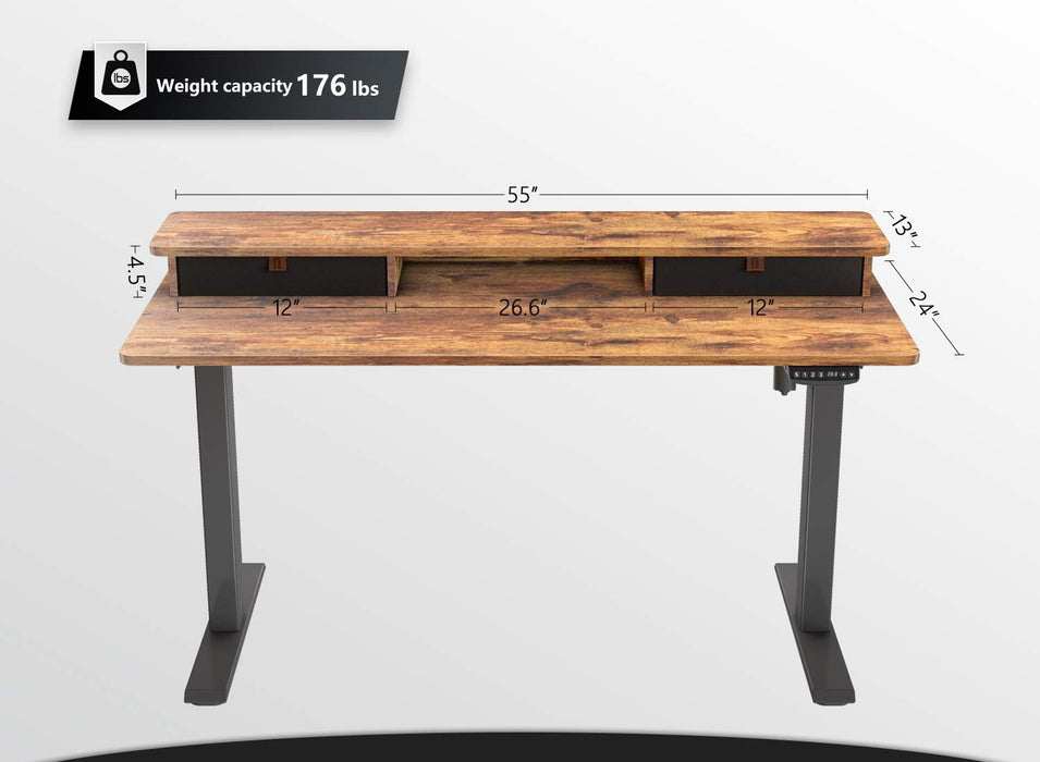 Electric Standing Desk with Double Drawers, 55X24 Inch Height Adjustable Sit Stand Desk with Storage Shelf, Home Office Computer Workstation, Rustic Brown