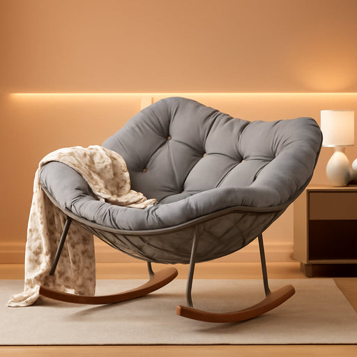 Outdoor Papasan Rocking Chair with Thick Cushion, Light Grey