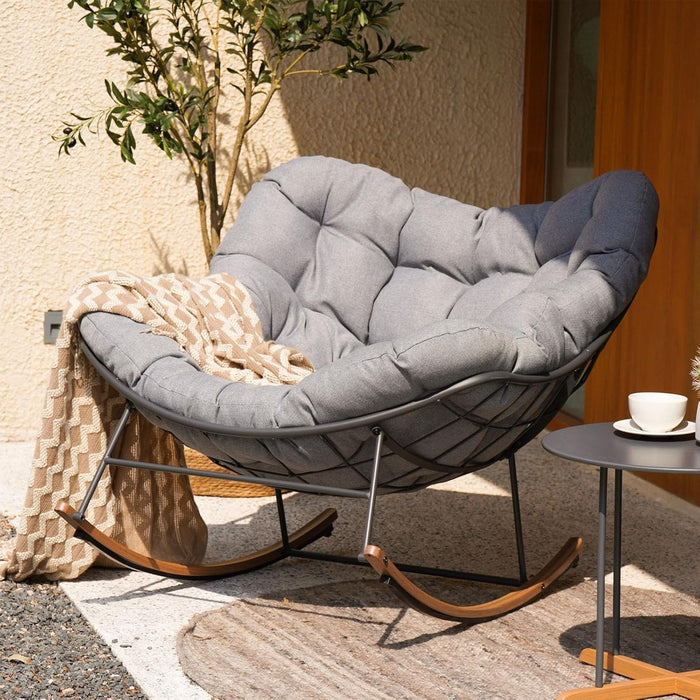 Outdoor Papasan Rocking Chair with Thick Cushion, Light Grey