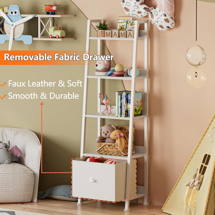 5-Tier White Ladder Shelf, Ladder Bookshelf with Removable Drawer, Mordern Bookcase Storage Rack Organizer, Wood Metal Freestanding Storage Shelves for Living Room, Home Office, Bedroom