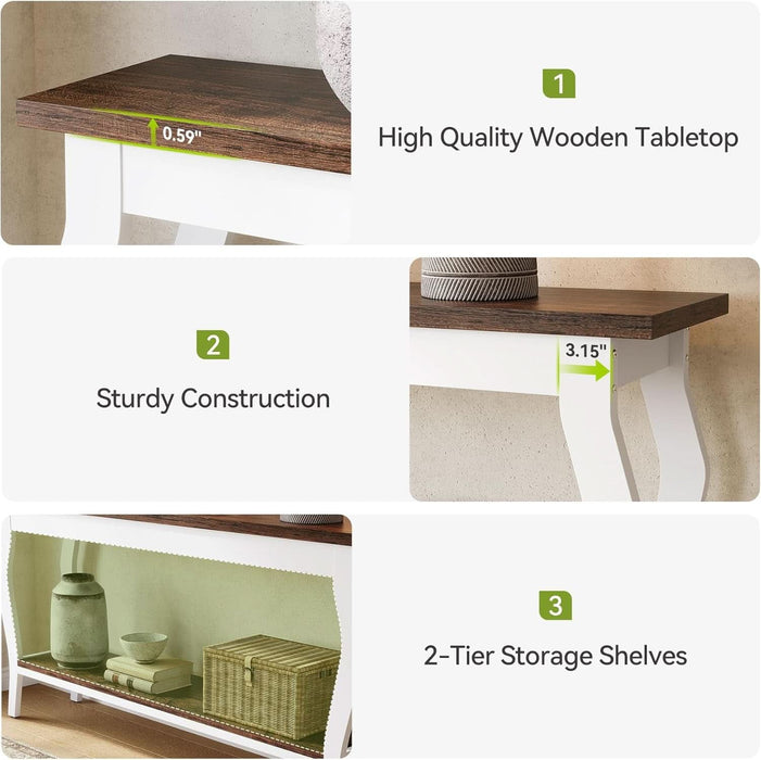 70.9 Inches Long Console Table, 2-Tier Vintage Wooden Sofa Table behind the Couch with Metal Legs for Hallway, Entryway, Living Room, Brown & White